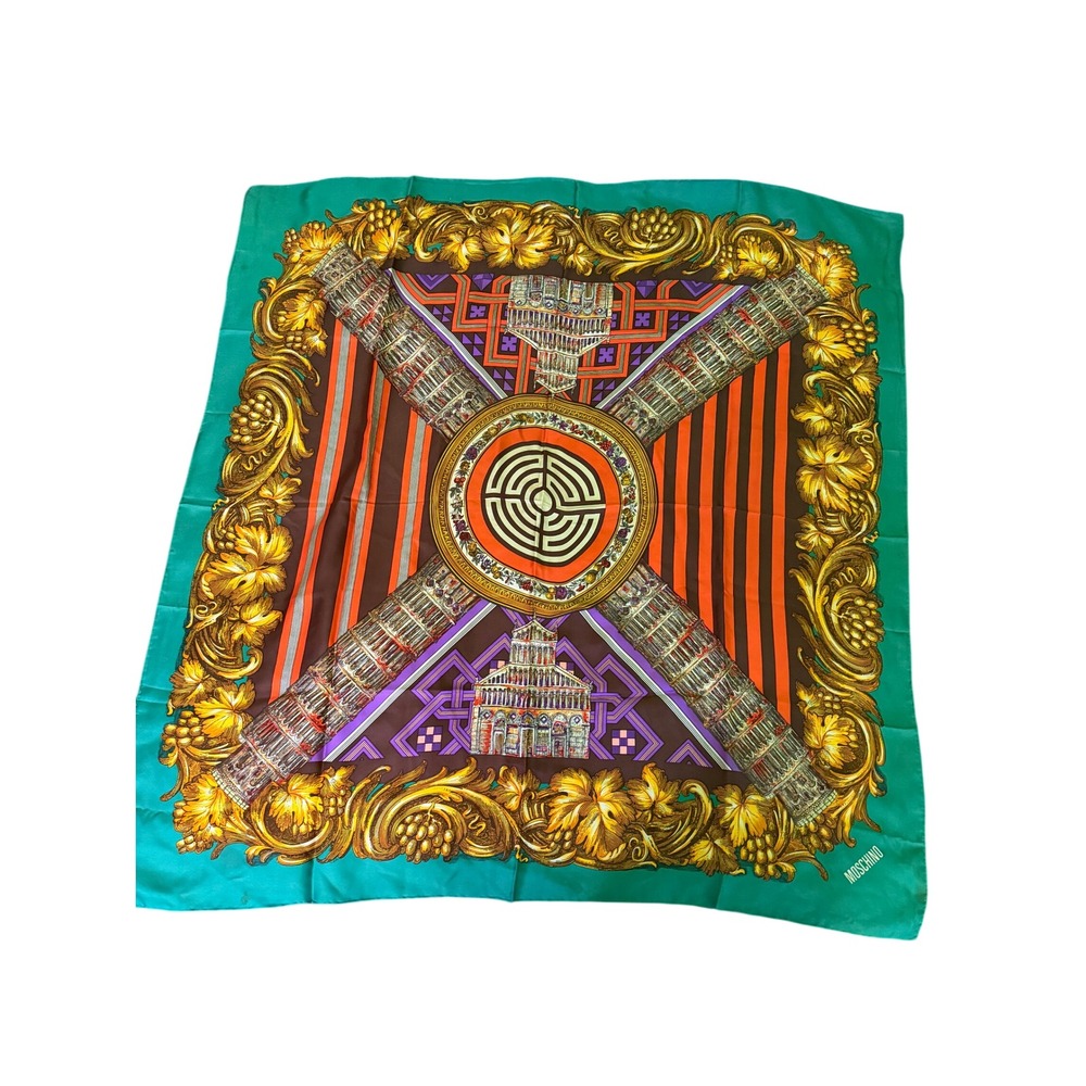 Moschino Vintage Silk Scarf Architectural Print Green Gold Orange 34x34